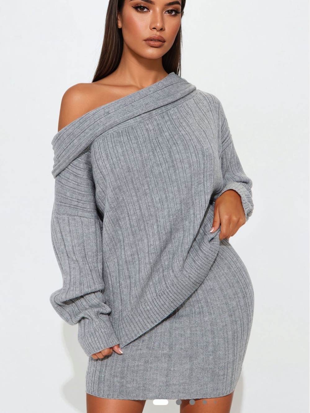 Fashion Nova Off-Shoulder Ribbed Sweater and skirt set- Gray